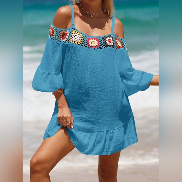 Crochet Cold Shoulder Three-Quarter Sleeve Cover Up - Picture 2 of 4